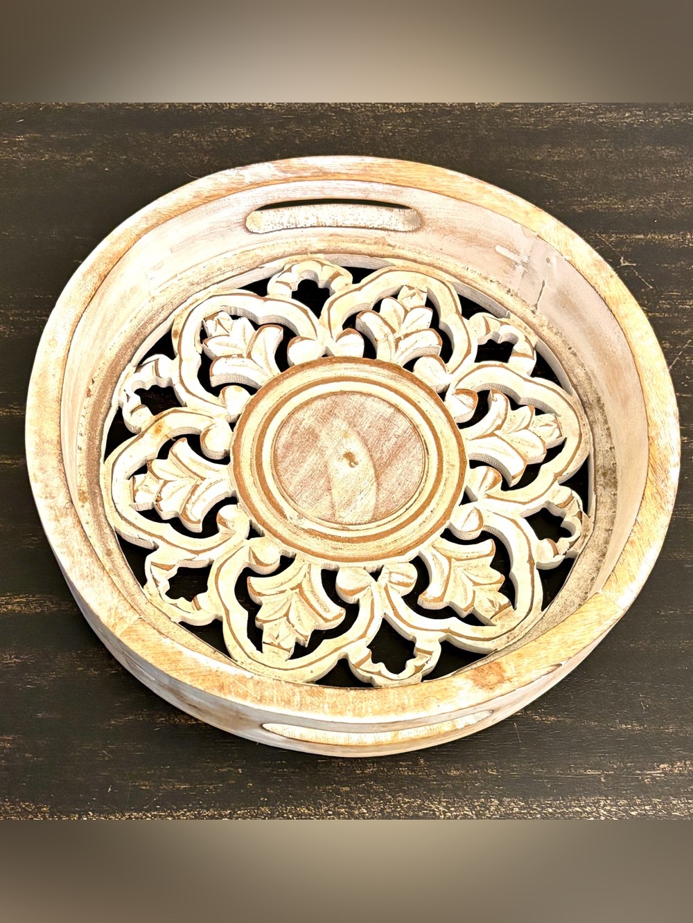 Vintage Hand-Carved Wood Floral Mandala Tray – Whitewash Centerpiece 11.5”